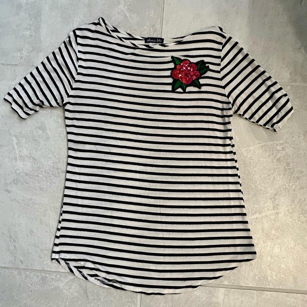 Black and White Striped Top with Floral Patch